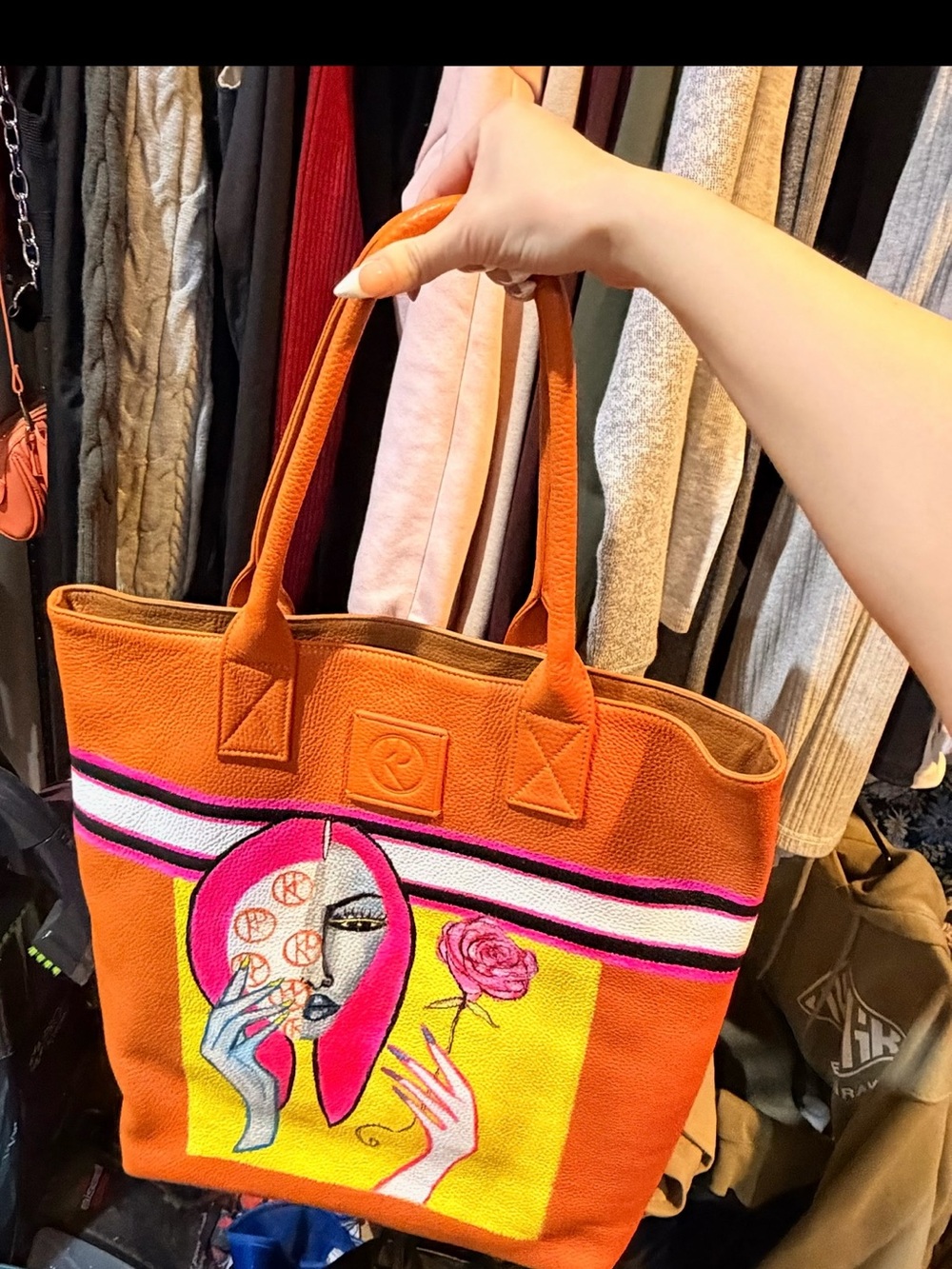 Orange Graphic Tote Bag with Pink Accent